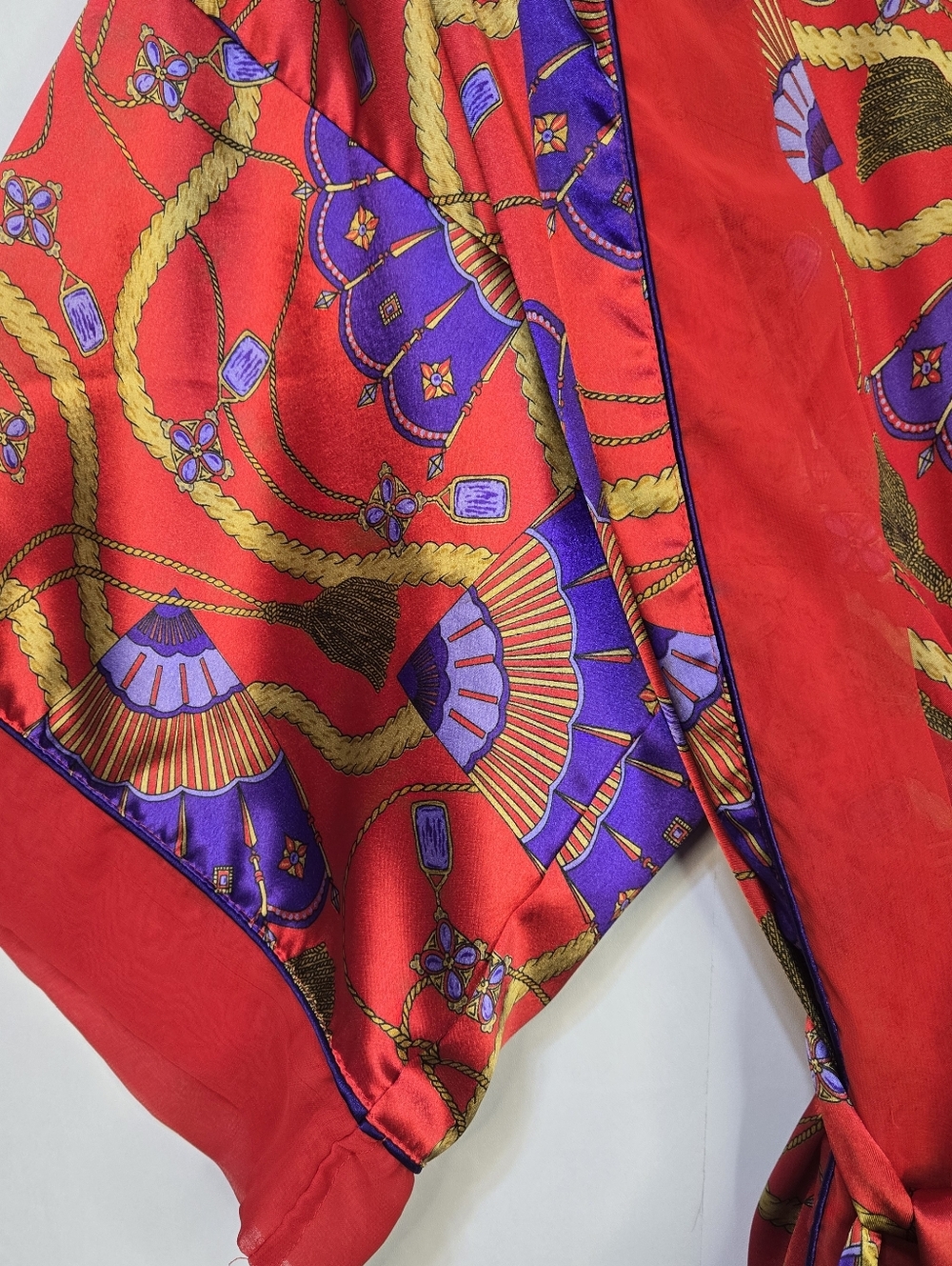 Cacique Size M Red S/Sl Belted, Silky Kimono/Robe with Purple & Gold Fan Print - Picture 7 of 7